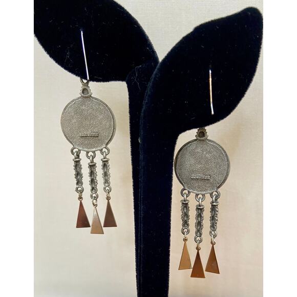 Vintage Boho Tribal Dangle Earrings Antique Silver-Tone Marked JJ 1986 - Picture 3 of 5